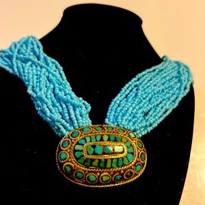 Vintage heavy beaded necklace with real turquoise.